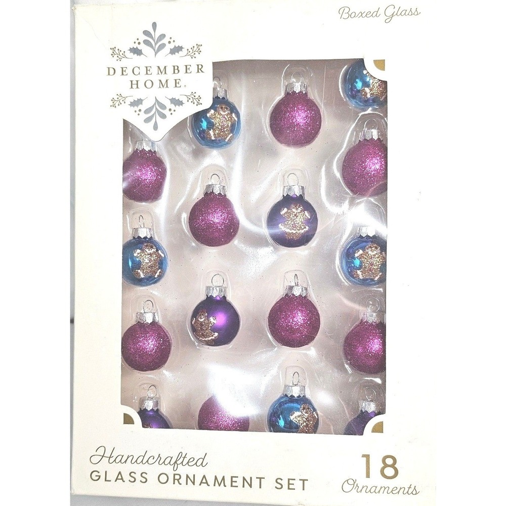 December Home Handcrafted Glass Ornament Set 18pc Purple Blue Gingerbread Man